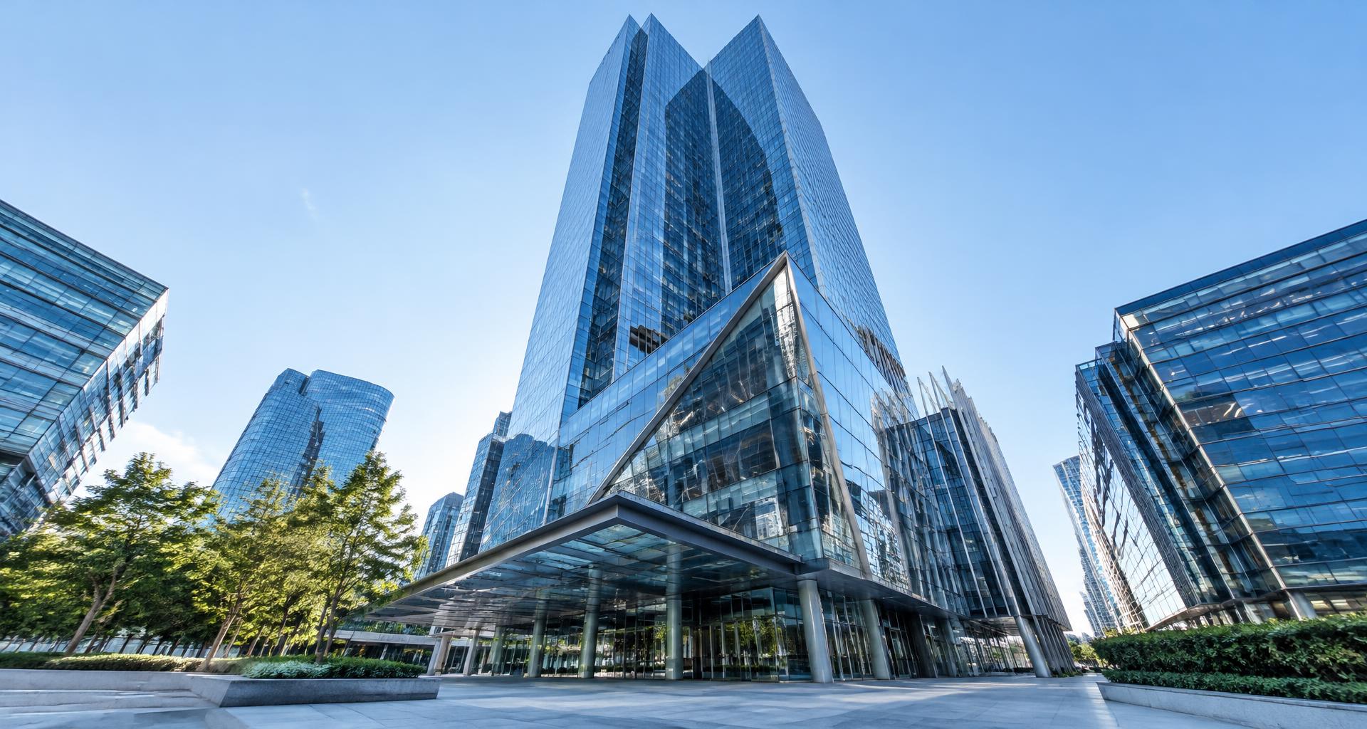 Glass corporate tower and its supporting architectural structure