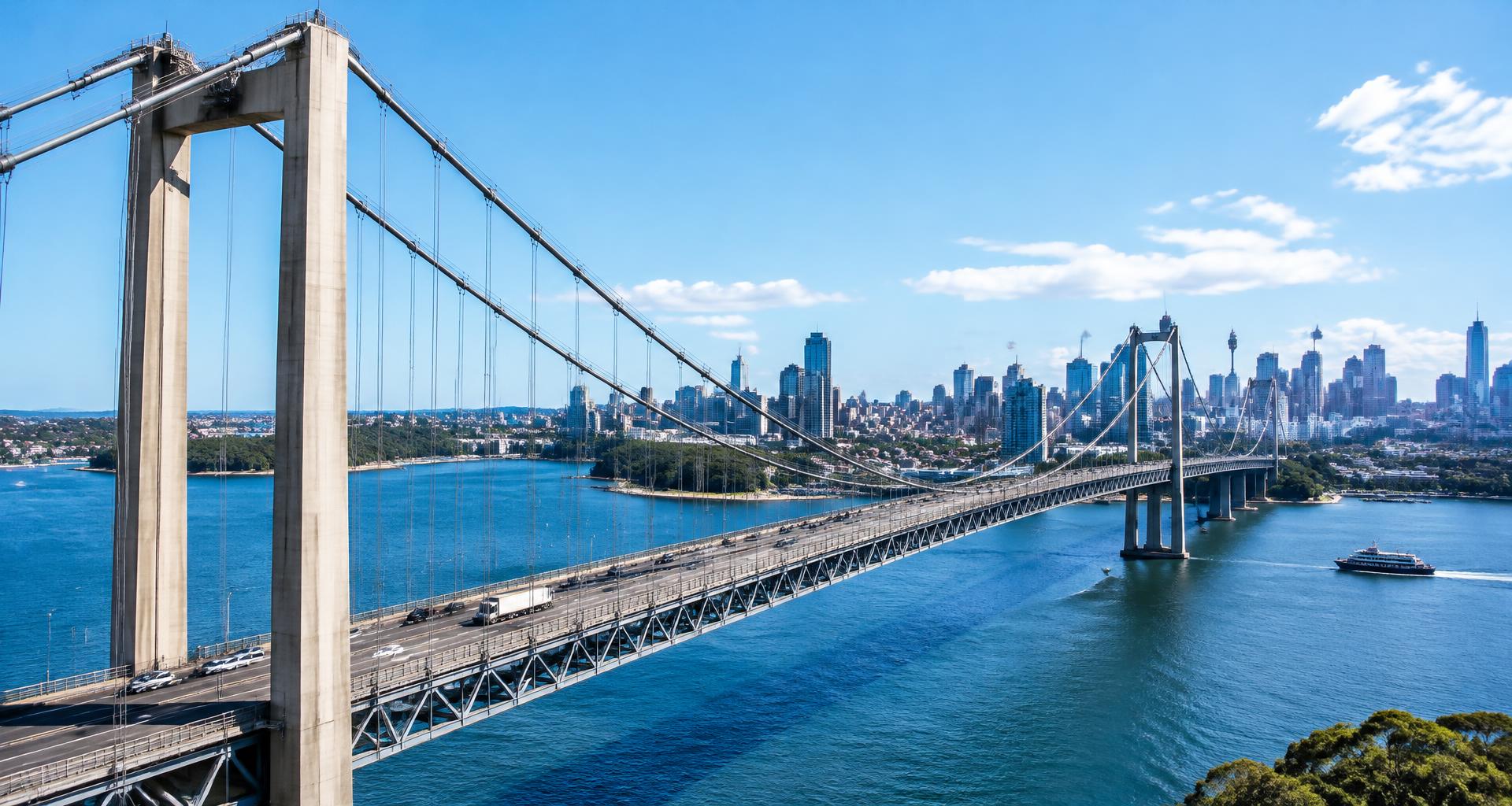 Suspension bridge and connecting transport infrastructure