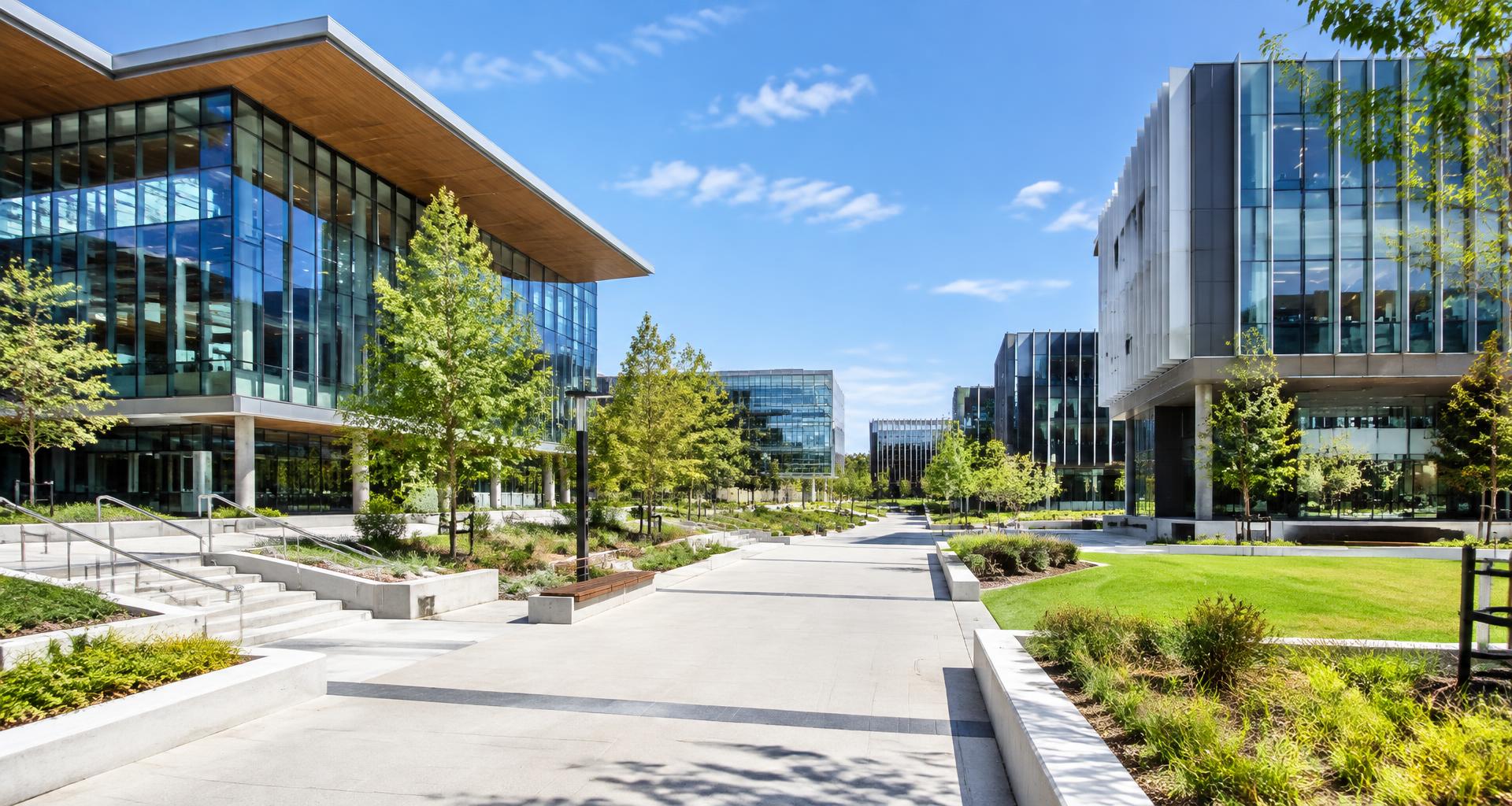Contemporary campus buildings and connecting walkways