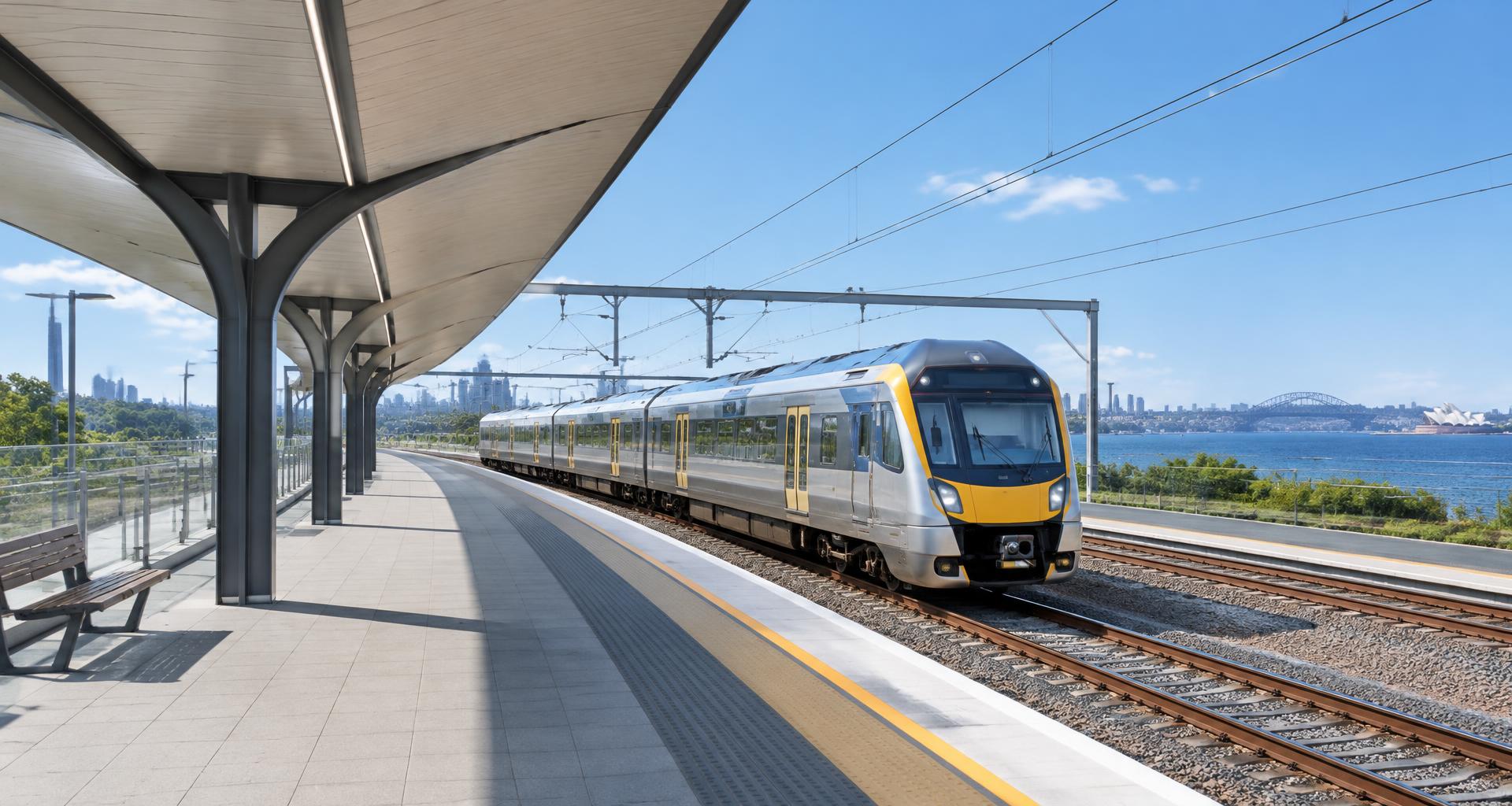 Modern passenger train beneath a station platform canopy