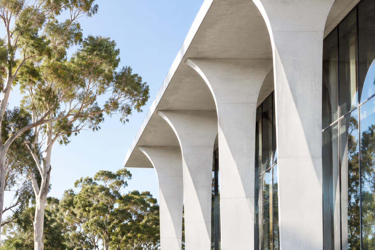 Civic infrastructure, glass architecture and eucalyptus trees
