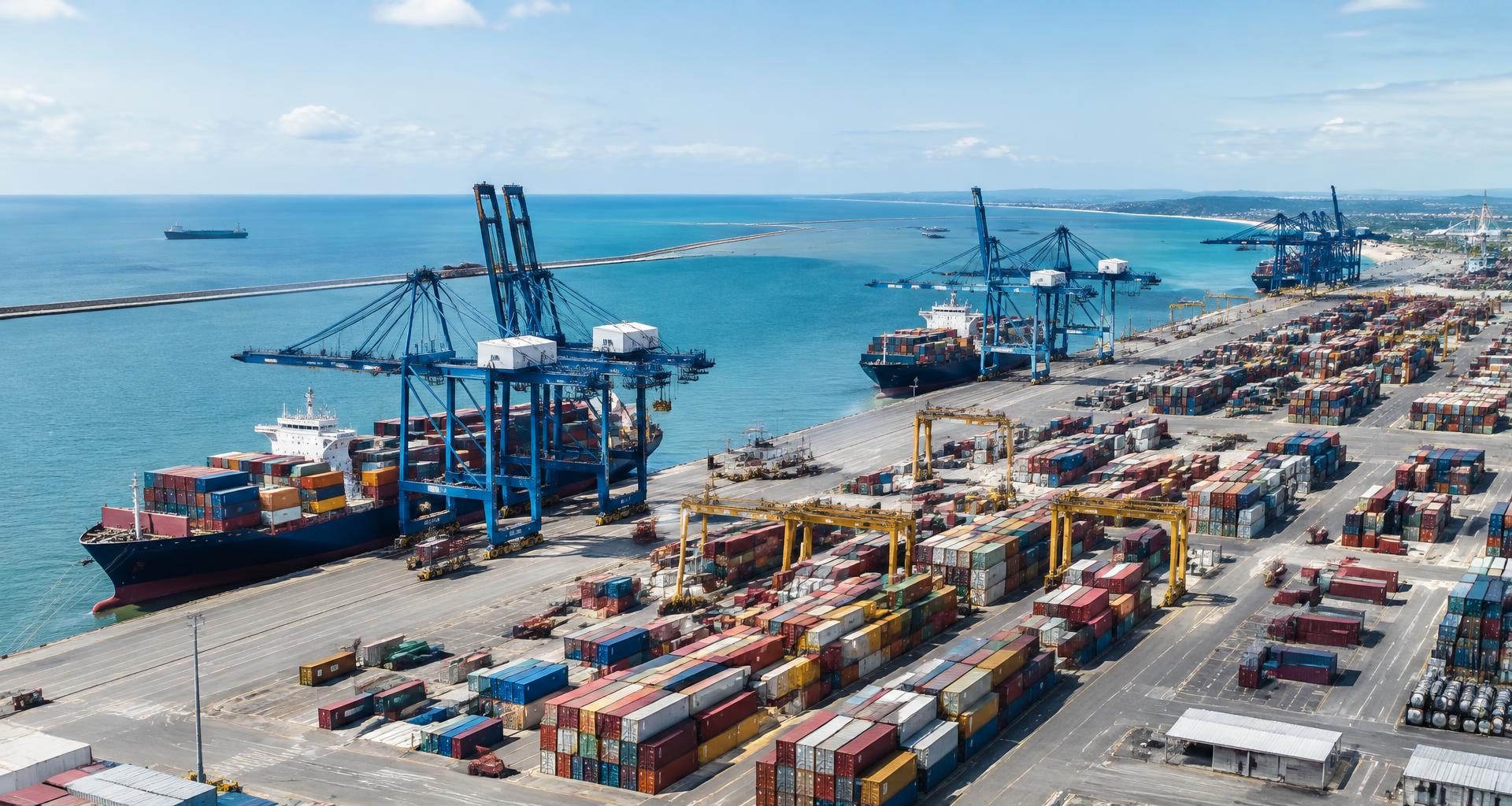 Container terminal with coordinated cranes and logistics infrastructure