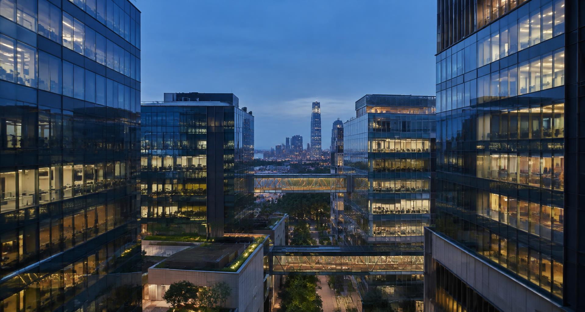 Glass office buildings connected by lit skybridges at dusk
