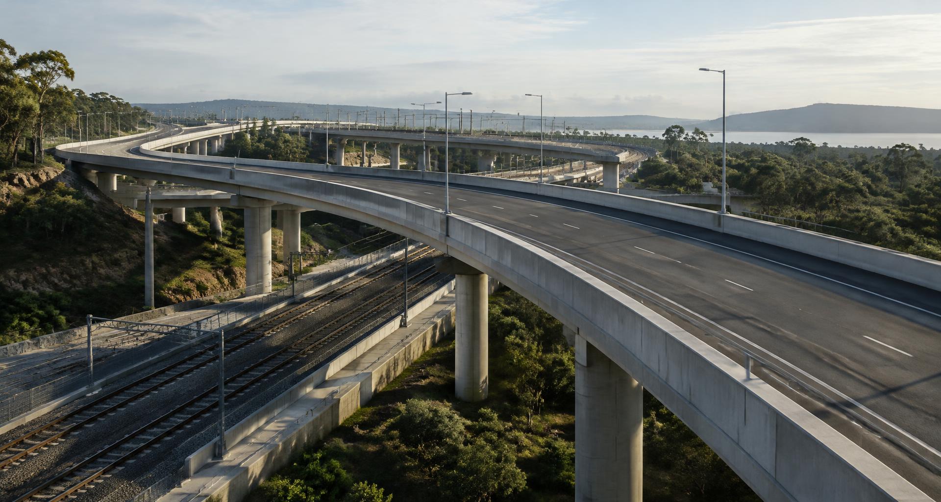 Sweeping road and rail overpasses crossing each other