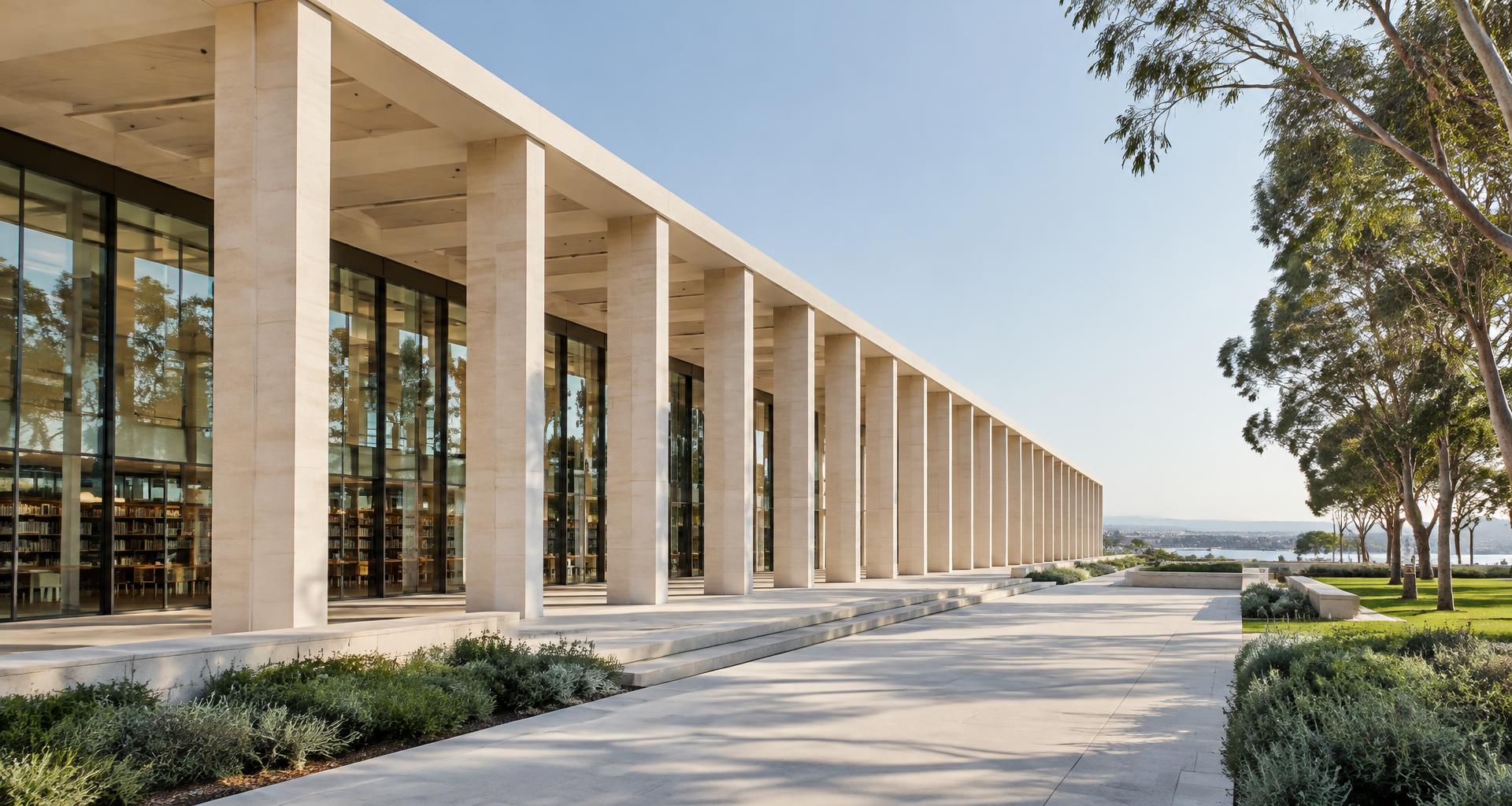 Repeating colonnade of a contemporary civic library
