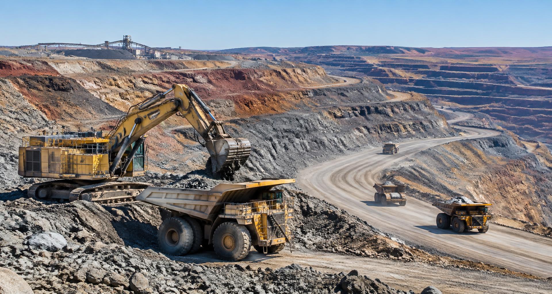 Excavator and haul trucks working in an open-cut mine